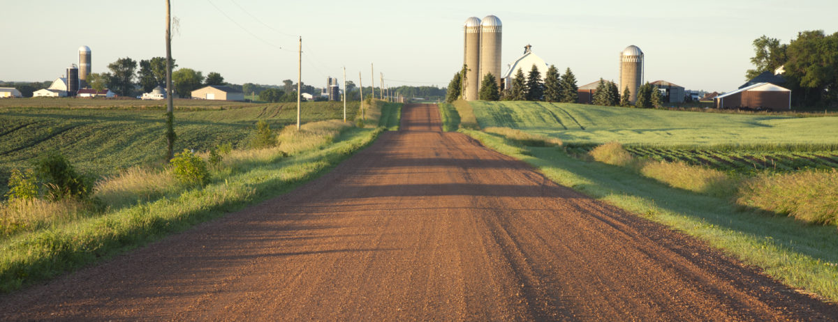 Looking down a road towards a farm