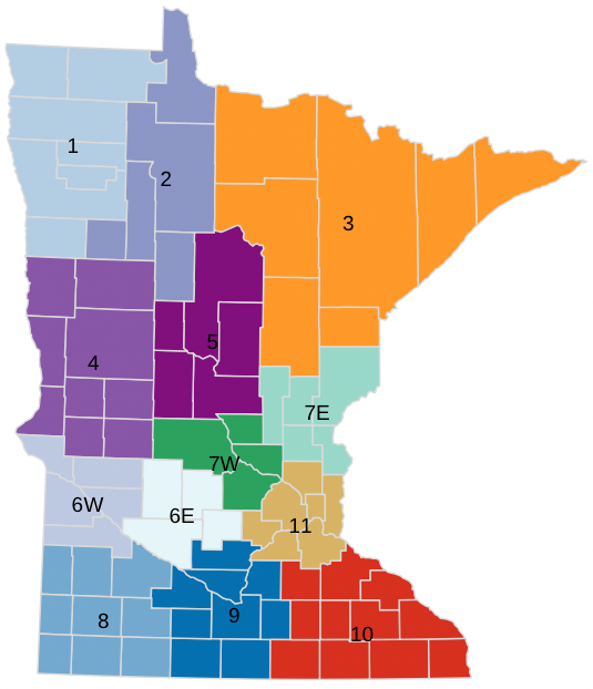 Map of Minnesota showing economic development regions