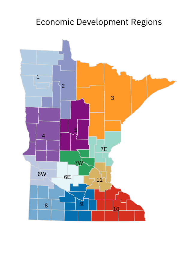 Map of Minnesota showing economic development regions