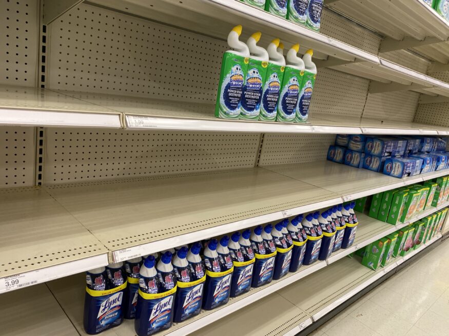 Empty shelves in the cleaning supplies section