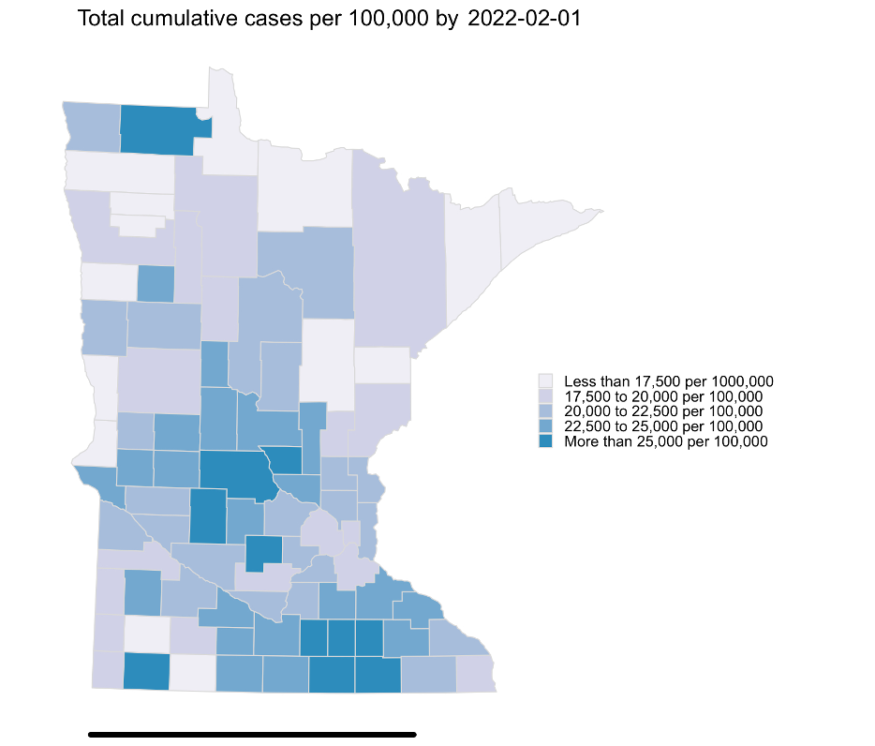 map showing covid rates in MN