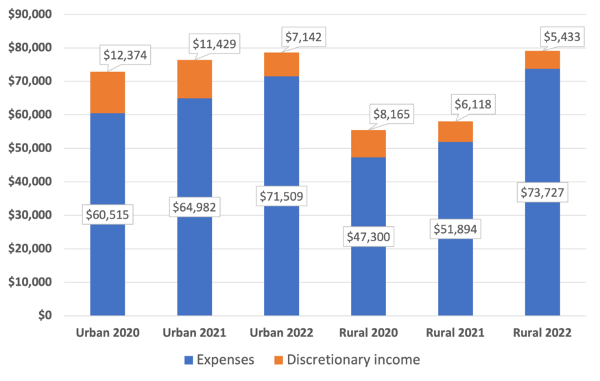 Change in discretionary income in rural and urban households, 2020-2022.