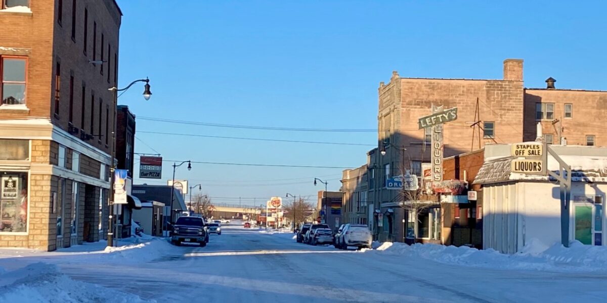 Looking down main street of small town.